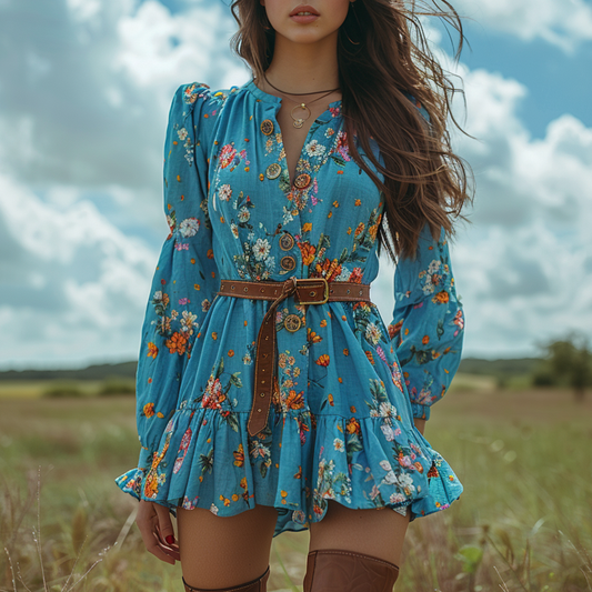 Women's Retro Floral Bohemian Pastoral Style Long-sleeved Mini Short Dress