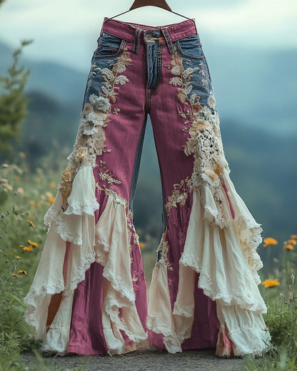 Summer ruffled denim cotton and linen patchwork contrast color pants 3d3a
