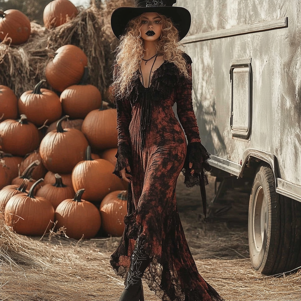 Women's Halloween Witch Style Tie-dye Long-sleeve Maxi Long Dress