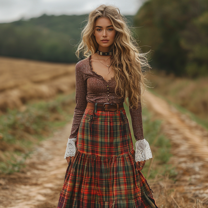 Women's Retro Plaid V-neck Long-sleeve Long Skirt Pastoral Style Maxi Long Dress