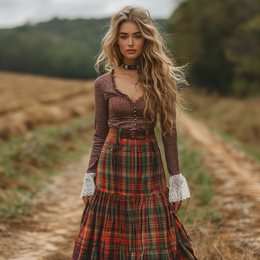 Women's Retro Plaid V-neck Long-sleeve Long Skirt Pastoral Style Maxi Long Dress