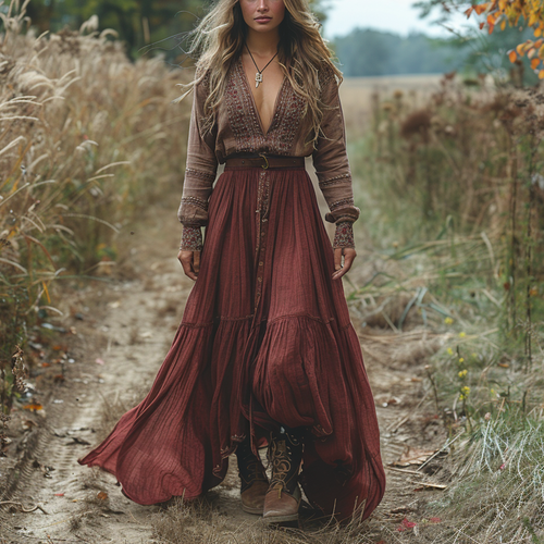 Women's Vintage V-neck Bohemian Pastoral Style Long-sleeve Maxi Long Dress