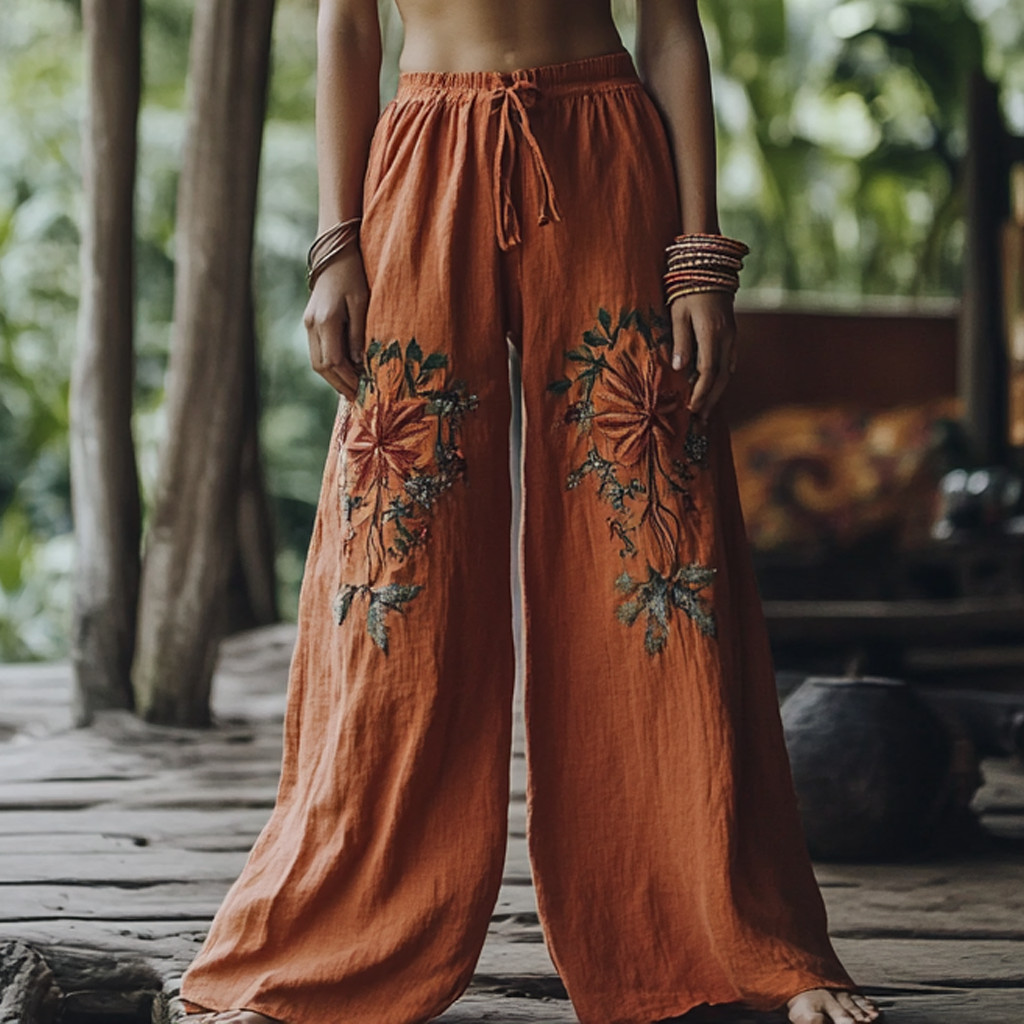 Bohemian Holiday Style Retro Linen Floral Ethnic Totem Print Linen Long Loose Wide-leg Pants e5c9