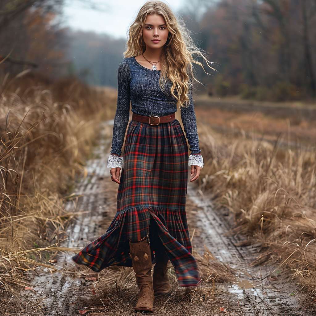 Women's Retro Plaid Long-sleeve Long Skirt Pastoral Style Maxi Long Dress