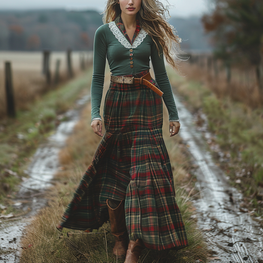 Women's Retro Plaid V-neck Long-sleeve Long Skirt Pastoral Style Maxi Long Dress