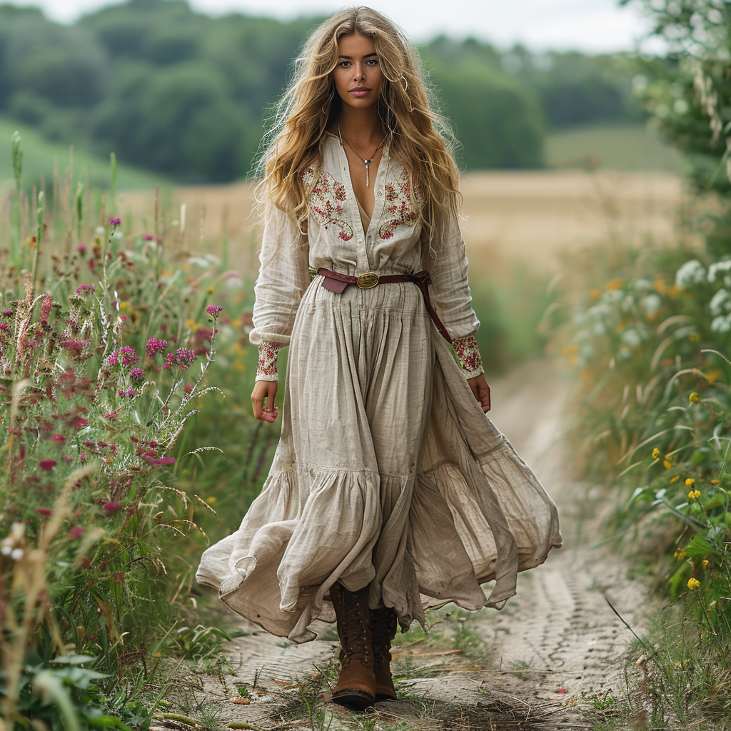 Women's Vintage V-neck Floral Bohemian Pastoral Style Long-sleeved Maxi Long Dress