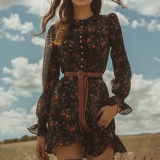 Women's Retro Floral Bohemian Pastoral Style Long-sleeved Mini Short Dress