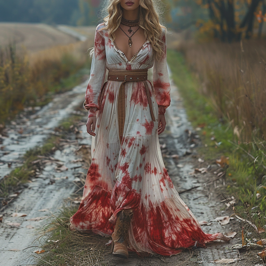Women's Retro V-neck Pastoral Halloween Party Style Long-sleeve Maxi Long Dress