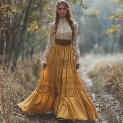 Women's Retro Country Pastoral Linen Style Long-sleeve Casual Maxi Long Dress