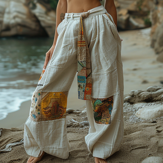 Resort Linen Ethnic Print Loose Bohemia Style Trousers