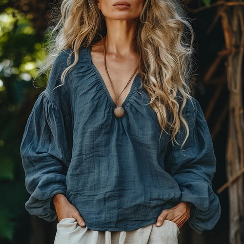 Women's Bohemian Linen Style Simple Basic Loose Long-sleeve Top Shirt