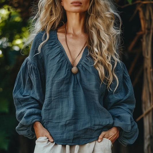 Women's Bohemian Linen Style Simple Basic Loose Long-sleeve Top Shirt