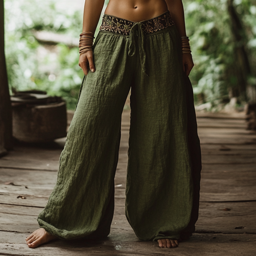 Bohemian Holiday Style Retro Linen Floral Ethnic Totem Print Casual Pants