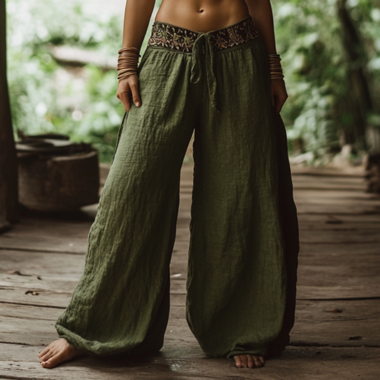 Bohemian Holiday Style Retro Linen Floral Ethnic Totem Print Casual Pants