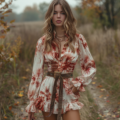Women's Retro V-neck Tie Dye Pastoral Style Halloween Party Mini Short Dress