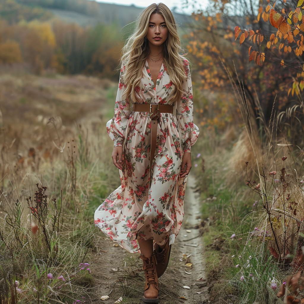 Women's Retro V-neck Floral Long-sleeve Bohemian Pastoral Style Maxi Long Dress