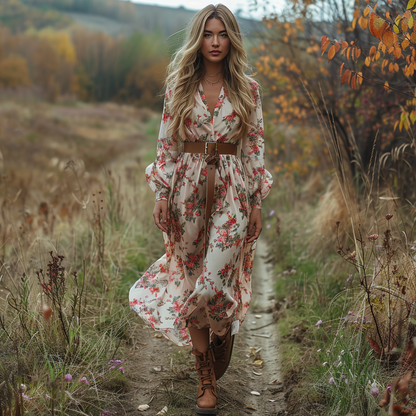 Women's Retro V-neck Floral Long-sleeve Bohemian Pastoral Style Maxi Long Dress