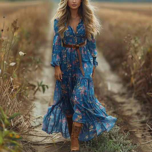 Women's Retro V-neck Floral Long-sleeve Bohemian Pastoral Style Maxi Long Dress