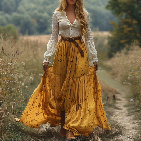 Women's Retro Country Pastoral Linen Style Long-sleeve Casual Maxi Long Dress