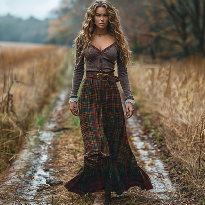 Women's Retro Plaid V-neck Long-sleeve Long Skirt Pastoral Style Maxi Long Dress