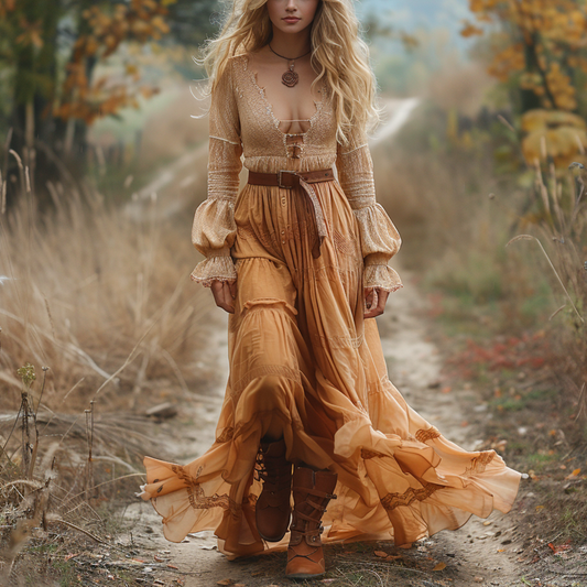 Women's Retro V-neck Country Pastoral Linen Style Long-sleeve Casual Maxi Long Dress