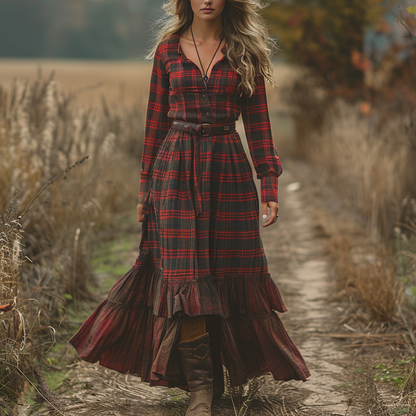 Women's Vintage V-neck Bohemian Pastoral Plaid Style Long-sleeve Maxi Long Dress