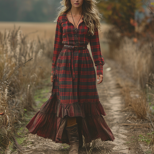 Women's Vintage V-neck Bohemian Pastoral Plaid Style Long-sleeve Maxi Long Dress