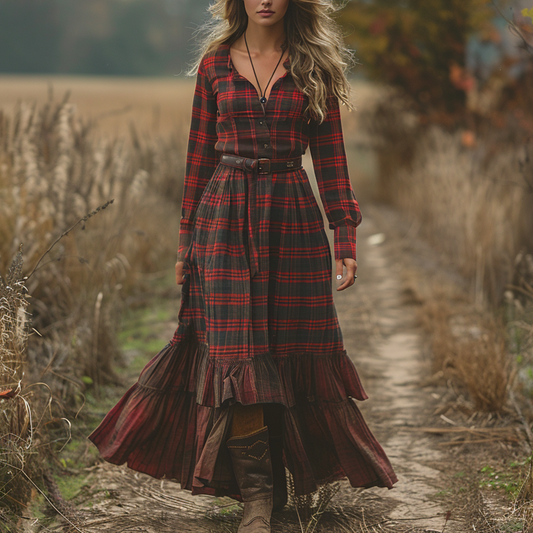 Women's Vintage V-neck Bohemian Pastoral Plaid Style Long-sleeve Maxi Long Dress