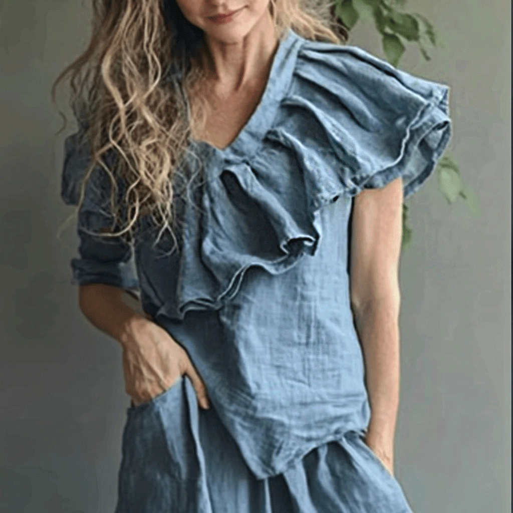 Women's Linen Asymmetric Ruffle Short-sleeve Top Shirt