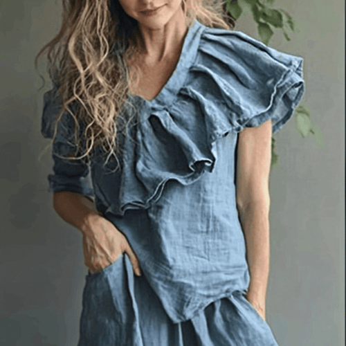 Women's Linen Asymmetric Ruffle Short-sleeve Top Shirt