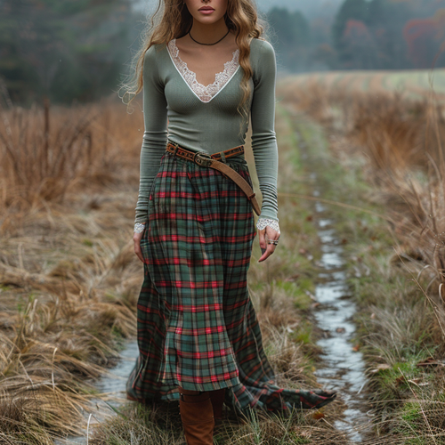 Women's Retro Plaid V-neck Long-sleeve Long Skirt Pastoral Style Maxi Long Dress