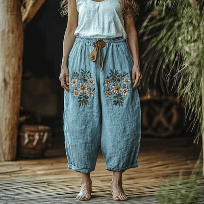 Women's Linen Bohemian Floral Style Cropped Harem Trouser Pants