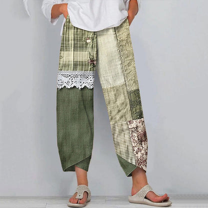 Boho Floral Pattern Lace Patchwork Linen Blend Pants f441