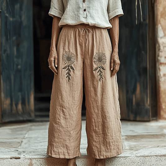 Women's Linen Bohemian Cropped Wide-leg Cropped Trouser Pants