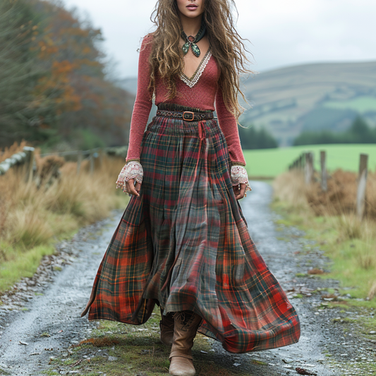Women's Retro Plaid V-neck Long-sleeve Long Skirt Pastoral Style Maxi Long Dress