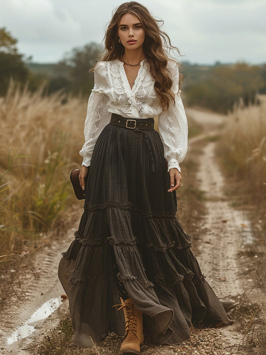 Retro V-neck Lace Linen Women's  Pastoral Style Linen Skirts b8ca
