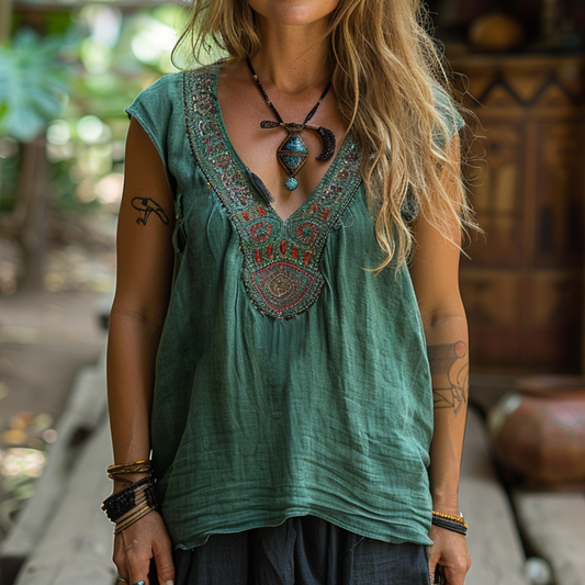 Women's Retro Loose Bohemia Ethnic Style Linen Suspender Sleeveless Top