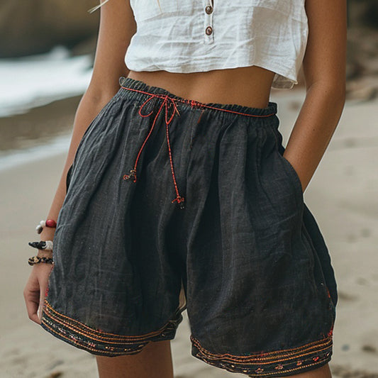 Women's Linen Retro Ethnic Bohemia Style Casual Shorts