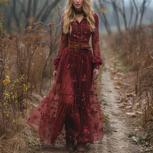 Women's Vintage V-neck Floral Bohemian Pastoral Style Long-sleeved Maxi Long Dress
