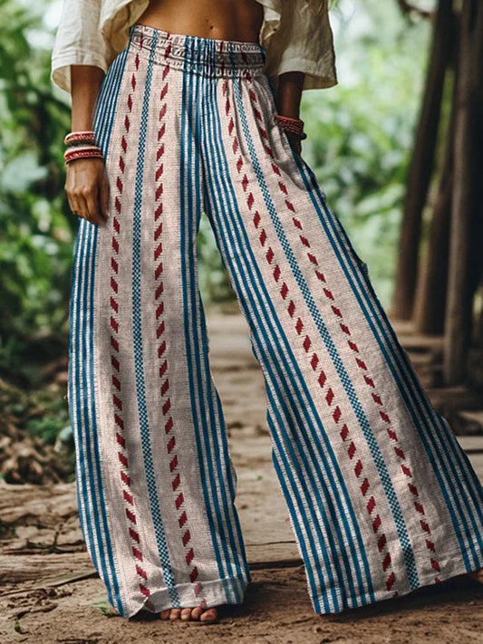 Hamivibe Vintage Bohemian Striped Art Women's Linen Blend Casual Pants 4209