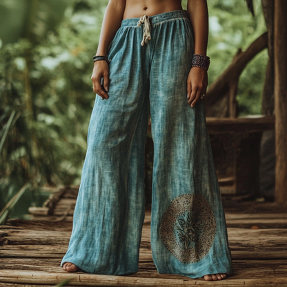 Bohemian Holiday Style Retro Linen Floral Ethnic Totem Print Casual Pants