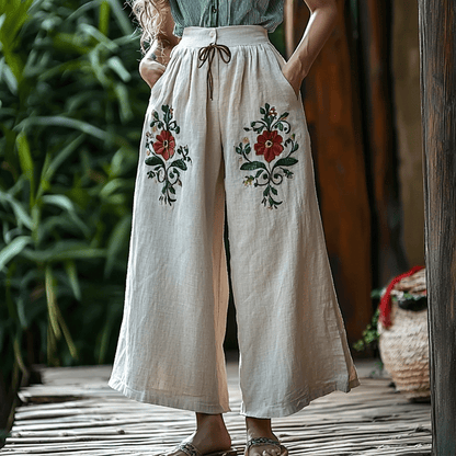 Women's Linen Bohemian Floral Cropped Trouser Pants