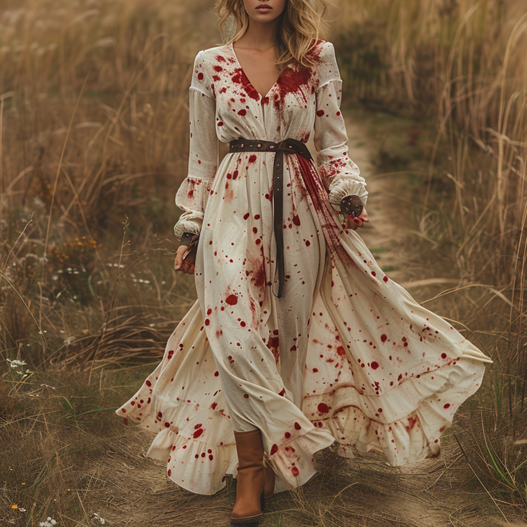 Women's Retro V-neck Pastoral Halloween Party Style Long-sleeve Maxi Long Dress