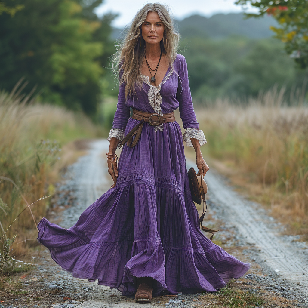 Women's Vintage V-neck Linen Long-sleeve Maxi Long Dress