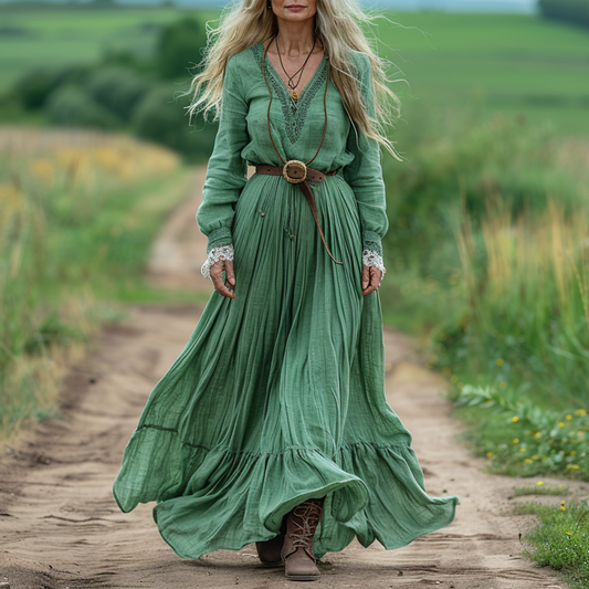Women's Vintage Pastoral Style V-neck Linen Long-sleeve Maxi Long Dress