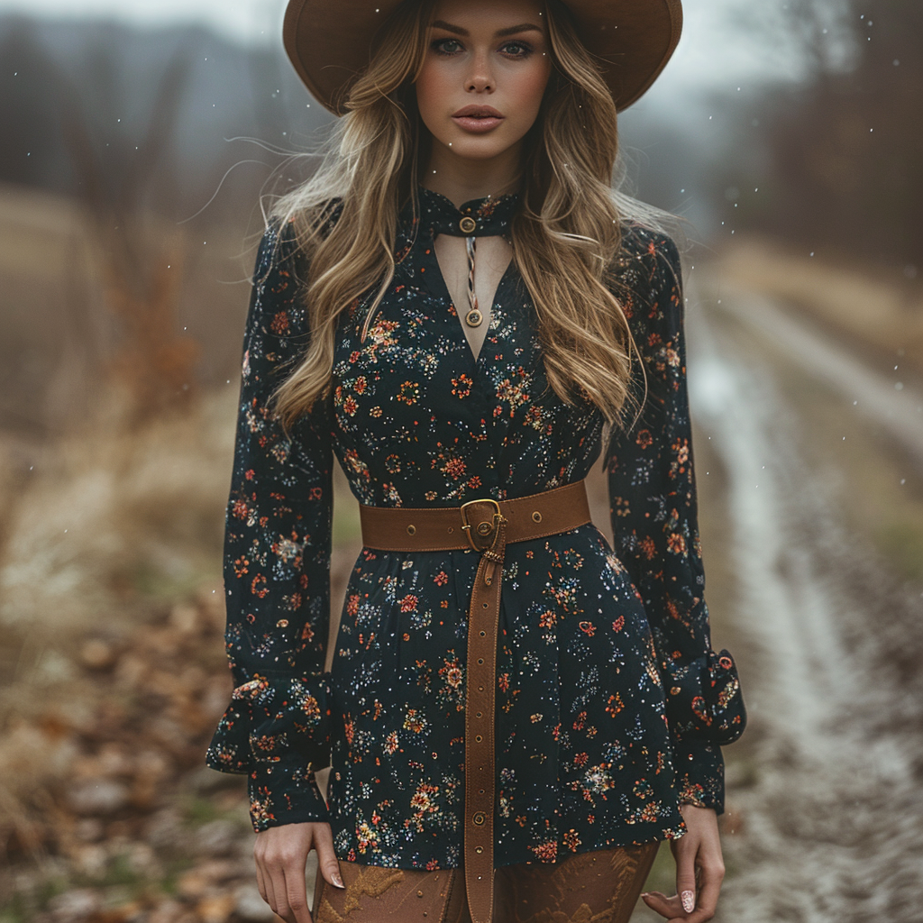 Women's Retro V-neck Floral Bohemian Pastoral Style Long-sleeved Mini Short Dress