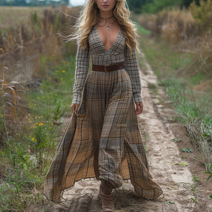 Women's Retro V-neck Plaid Long-sleeve Bohemian Pastoral Style Maxi Long Dress