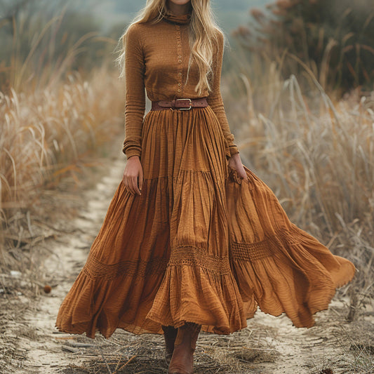 Women's Vintage Country Pastoral Linen Style Long-sleeve Maxi Long Dress