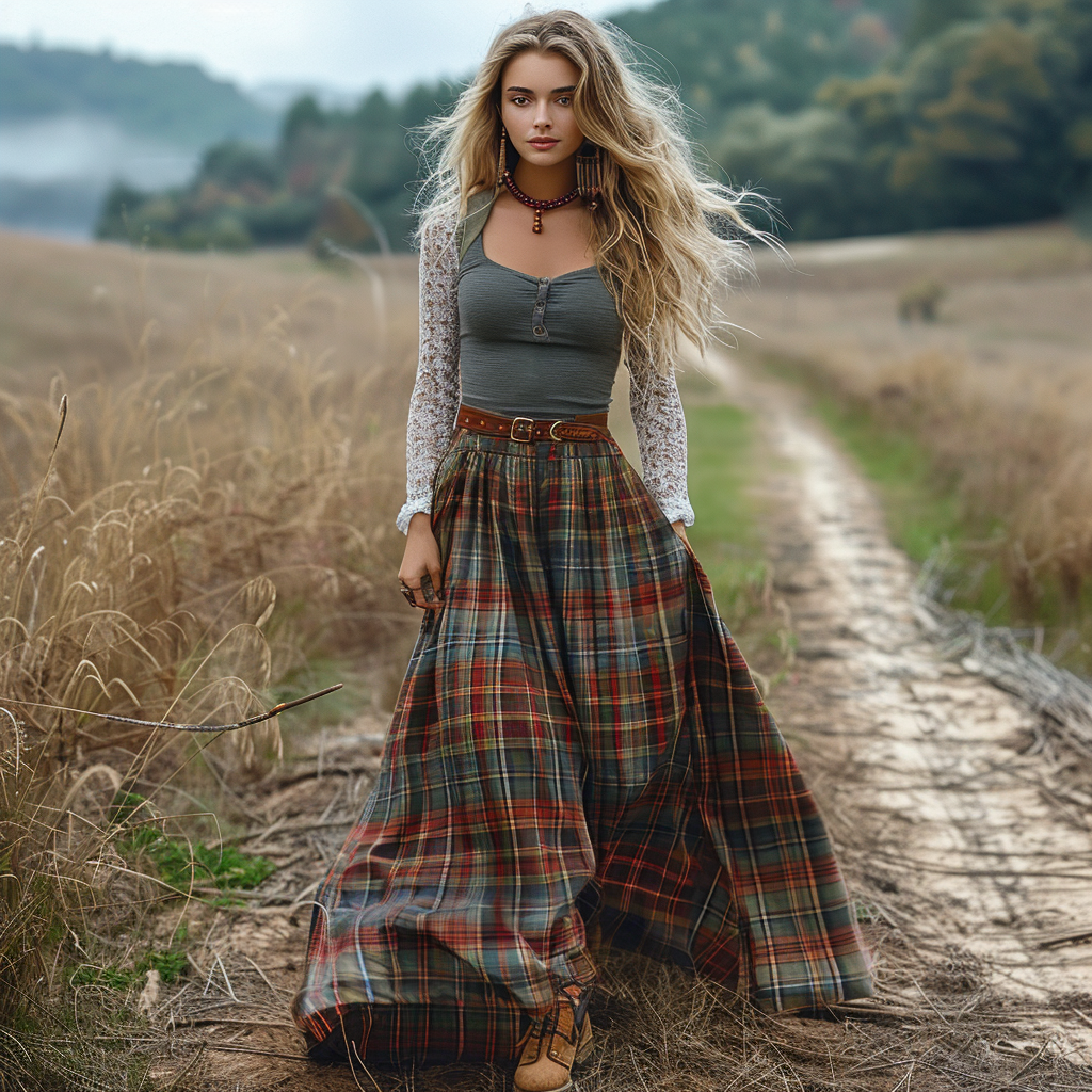 Women's Retro Plaid V-neck Long-sleeve Long Skirt Pastoral Style Maxi Long Dress