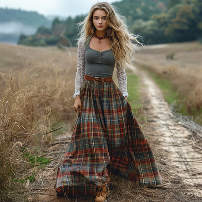 Women's Retro Plaid V-neck Long-sleeve Long Skirt Pastoral Style Maxi Long Dress
